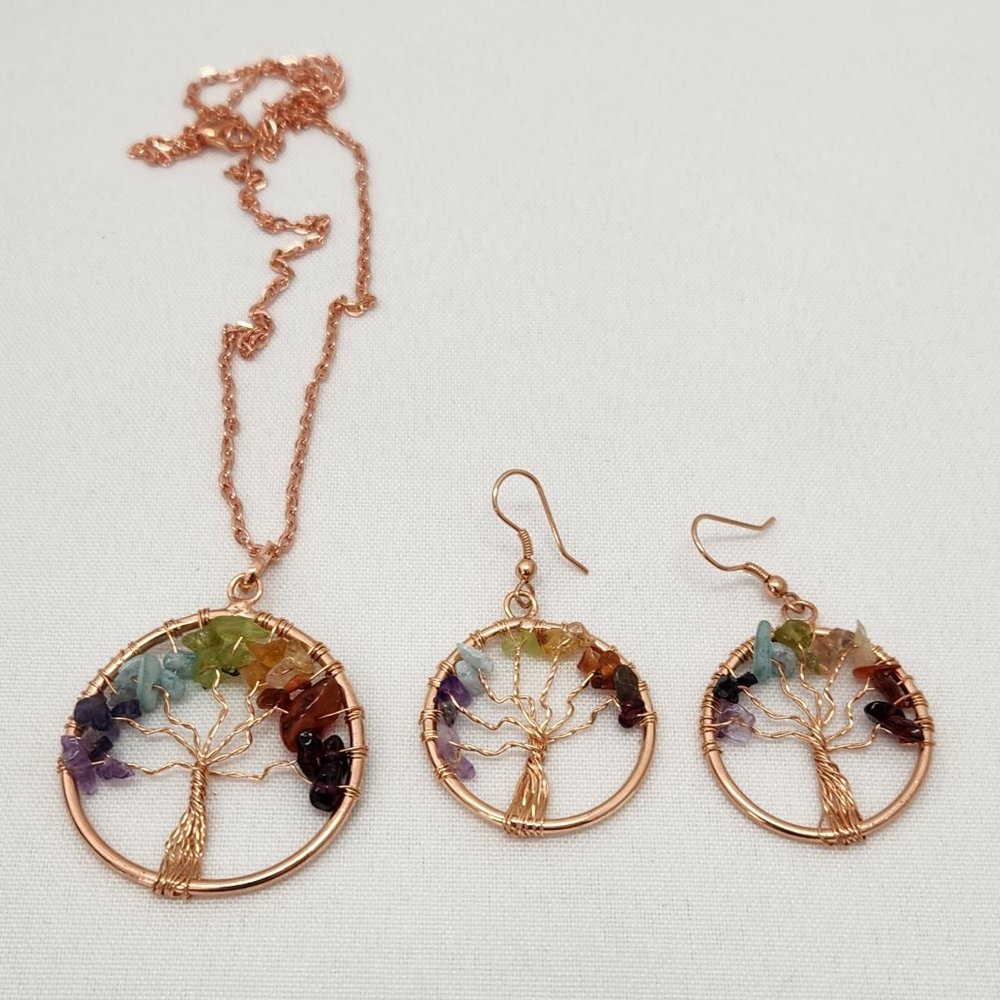 Tree Of Life Genuine Gemstones Pendant Necklace And Earrings #612 NWOT - Picture 4 of 11